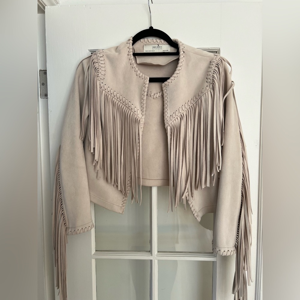 Zara Woman Beige Faux Suede Fringe Crop Jacket
